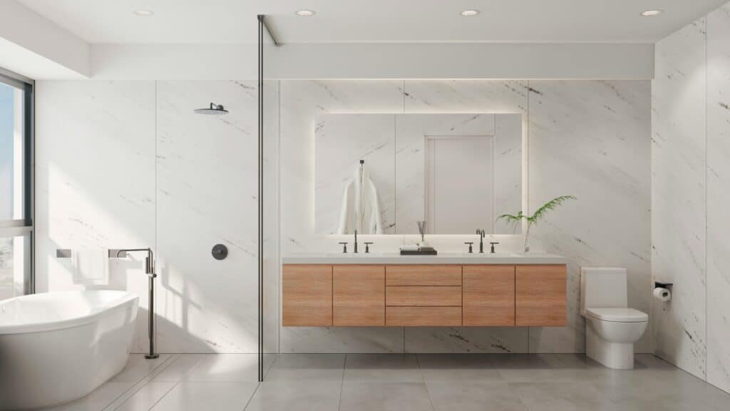 a bathroom with a marble wall and a sink