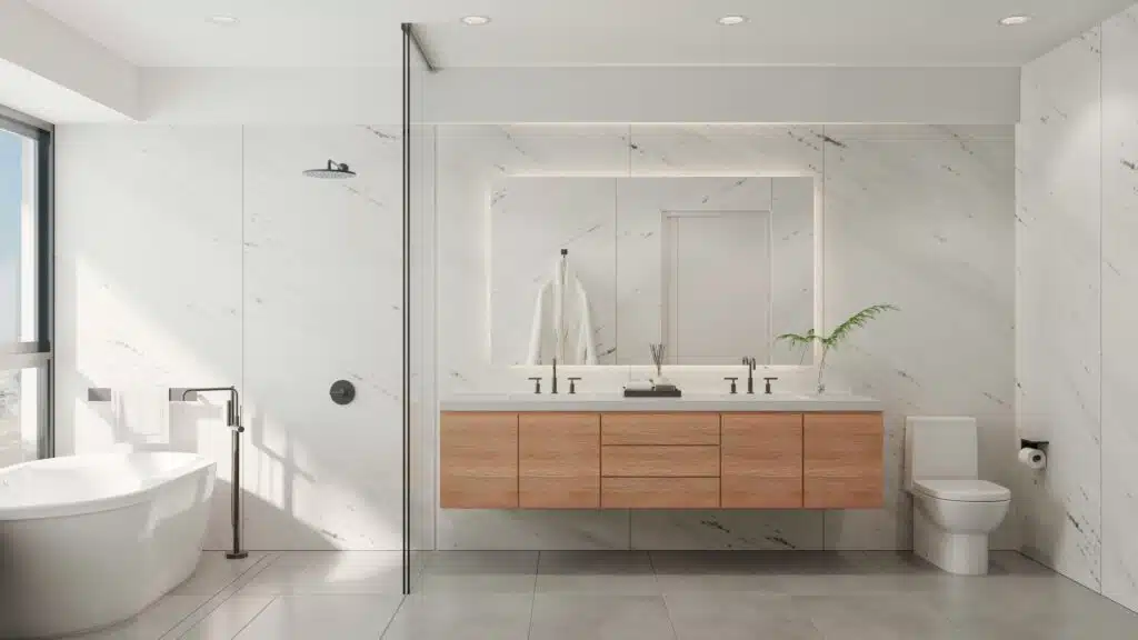 a bathroom with a marble wall and a sink