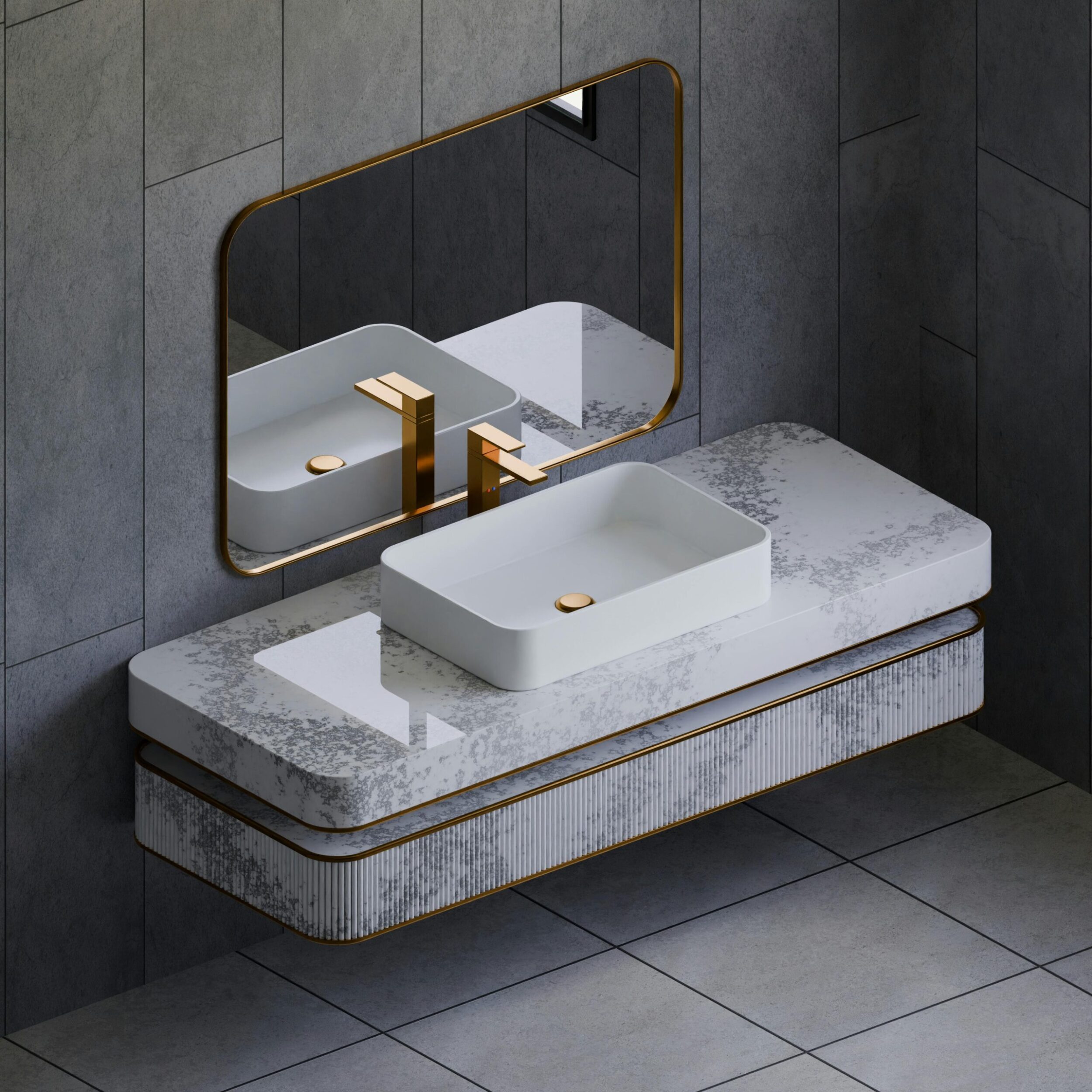 Home 16 a sink and mirror above a grey tile wall